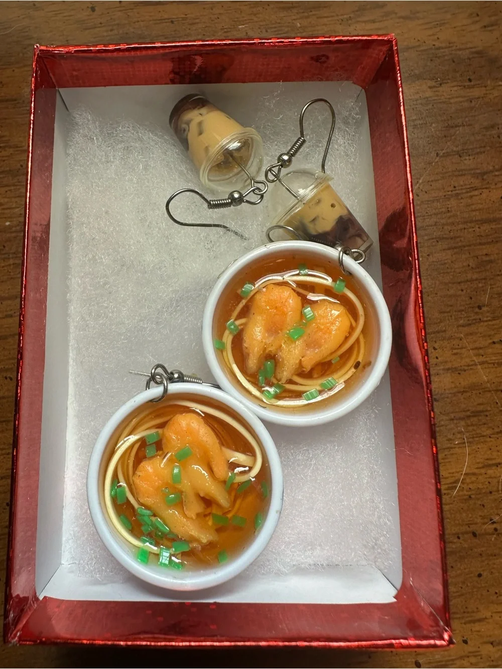 3D Harajuku Shrimp Pho Noodle Bowl & Iced Coffee Latte Drop Earrings Duo